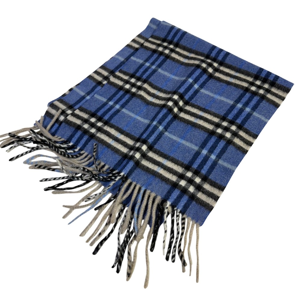 Burberry Cashmere Scarf Blue Plaid Fringe England READ